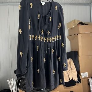 Tracy Reese blk silk, lg sleeve embellished tunic top/ babydoll dress Sz Small.